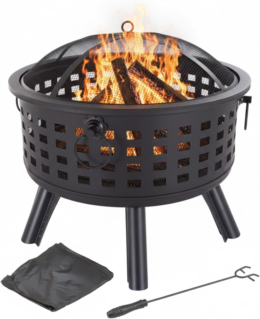 Outdoor Fire Pit - 26-Inch Round Lattice Wood Burning Firepit with Screen, Poker, Grate and Cover
