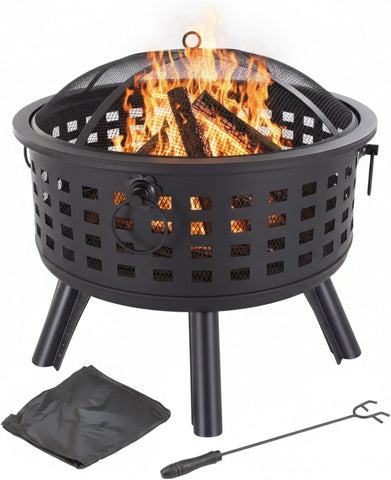 Outdoor Fire Pit - 26-Inch Round Lattice Wood Burning Firepit with Screen, Poker, Grate and Cover