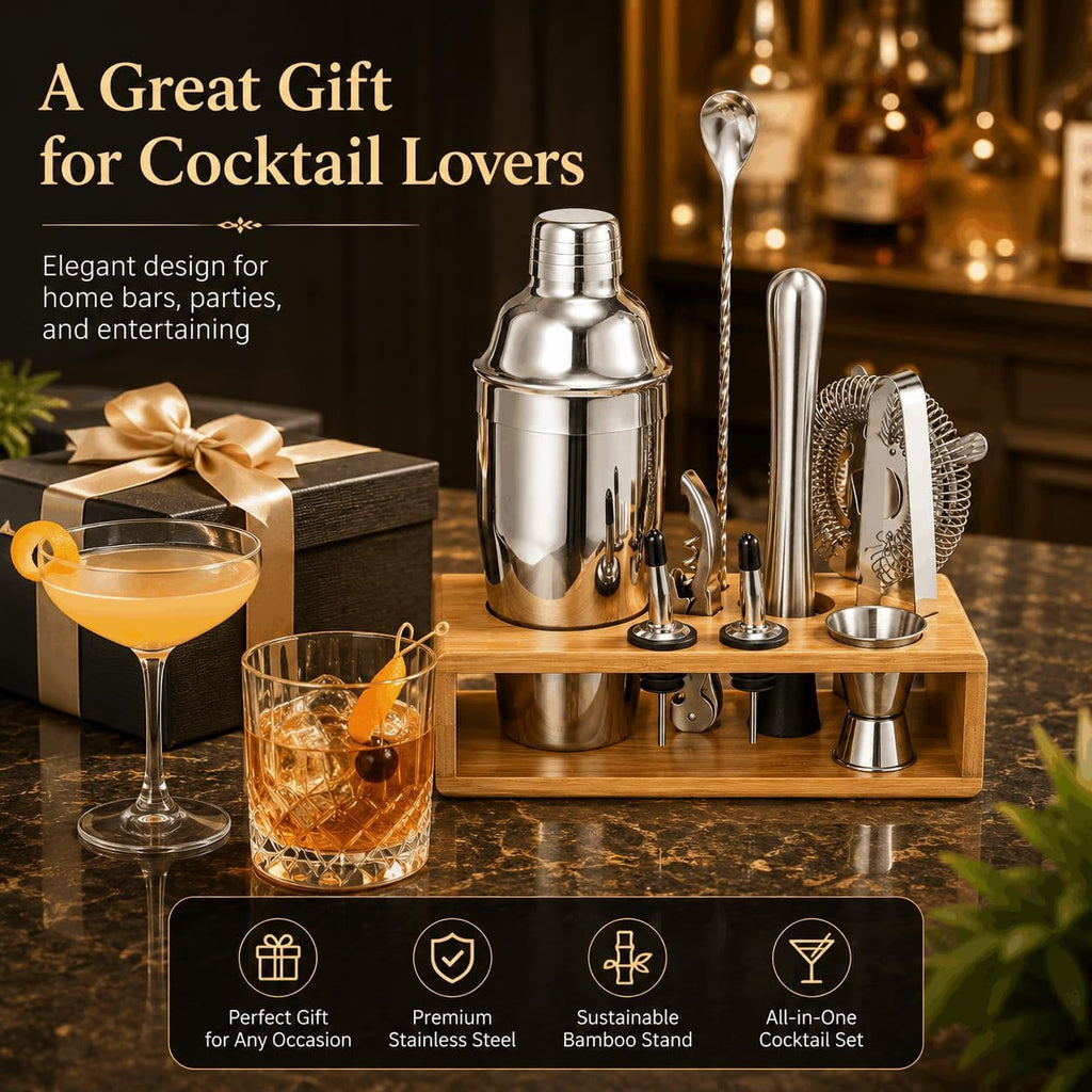 Cocktail Shaker Set, 18/8 Food-Grade Stainless Steel Mixology Bartender Kit 10-Piece Bar Tools with Stylish Bamboo - Set of 10