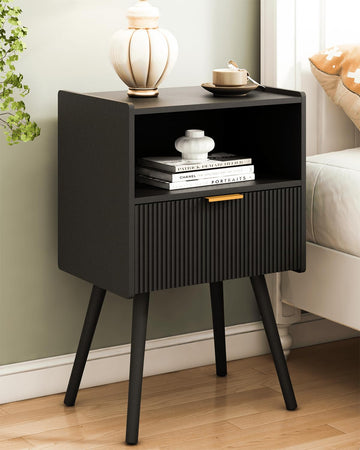 Black Nightstand, Modern Bedside Table with Storage Drawer and Open Wood Shelf, and Small Spaces, Accent Night Stand