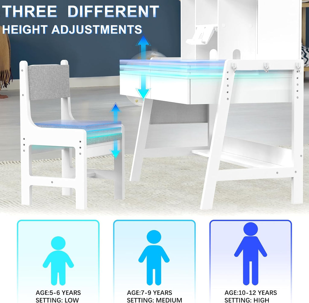 Kids Desk and Chair Set, Height Adjustable Kids Study Table, Ages 5-12