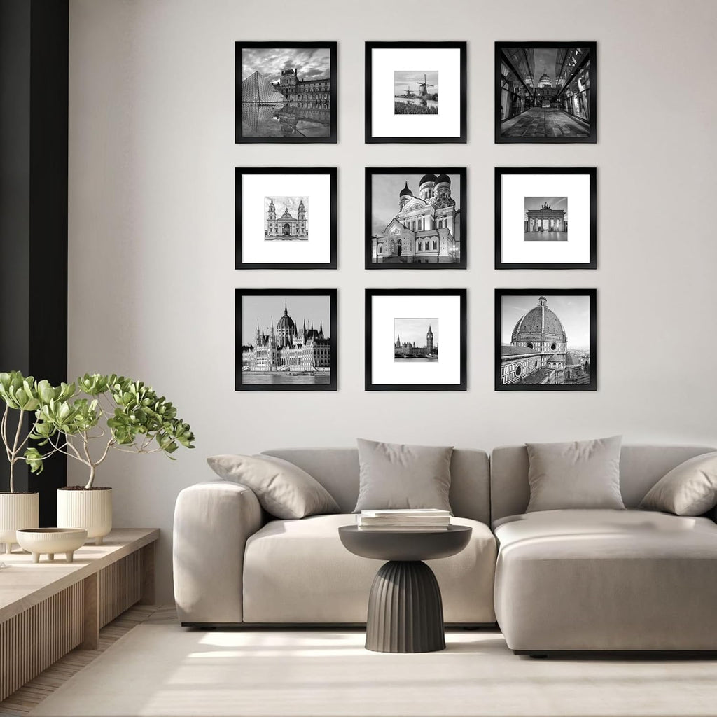 12x12 Picture Frame Set of 9, Display Pictures 8x8 with Mat or 12x12 without Mat, Multi Collage Gallery Square Photo