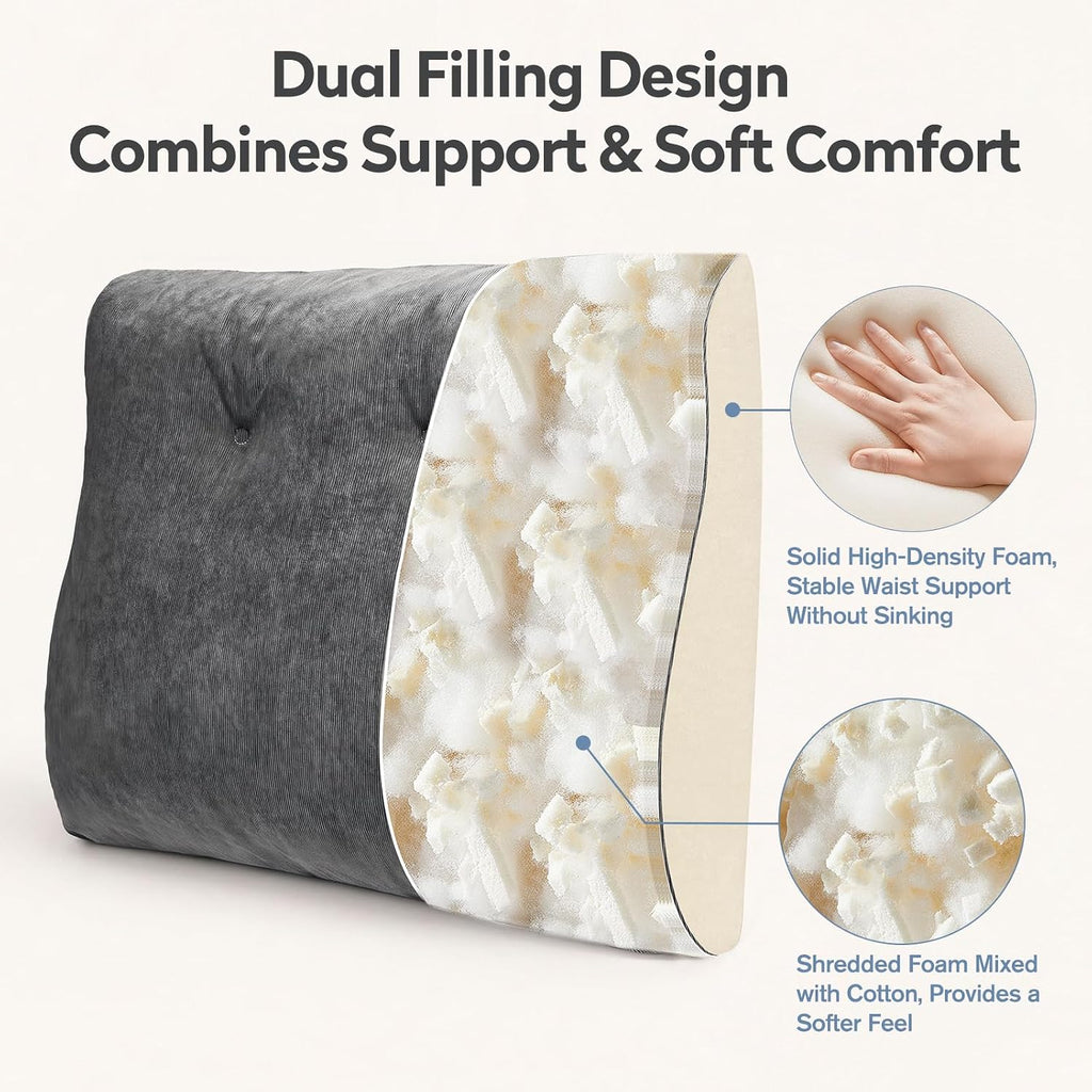 Couch Back Cushion, Shredded Foam Lumbar Support Pillow with Side Pocket | Triangle Ergonomic Back Pillow with