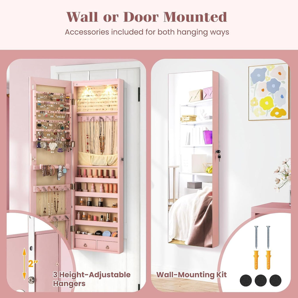 Wall or Door Mounted Lockable Jewelry Armoire with Full-Length Mirror