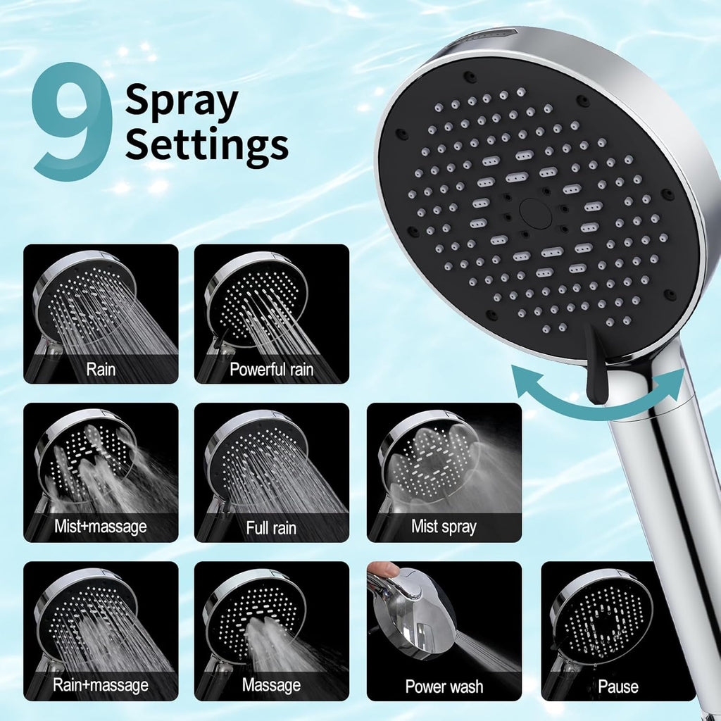 NSF Certified Filtered Shower Head with Handheld for Hard Water to Remove Chlorine High Pressure 9-Spray Setting (with Power Wash) Anti-Clog Nozzles (1 Filter, Chrome Silver)