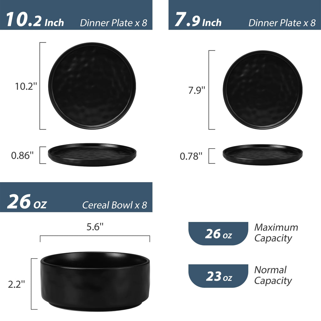 24 Pieces Stoneware Dinnerware Set for 8, Obsidian Matte Black