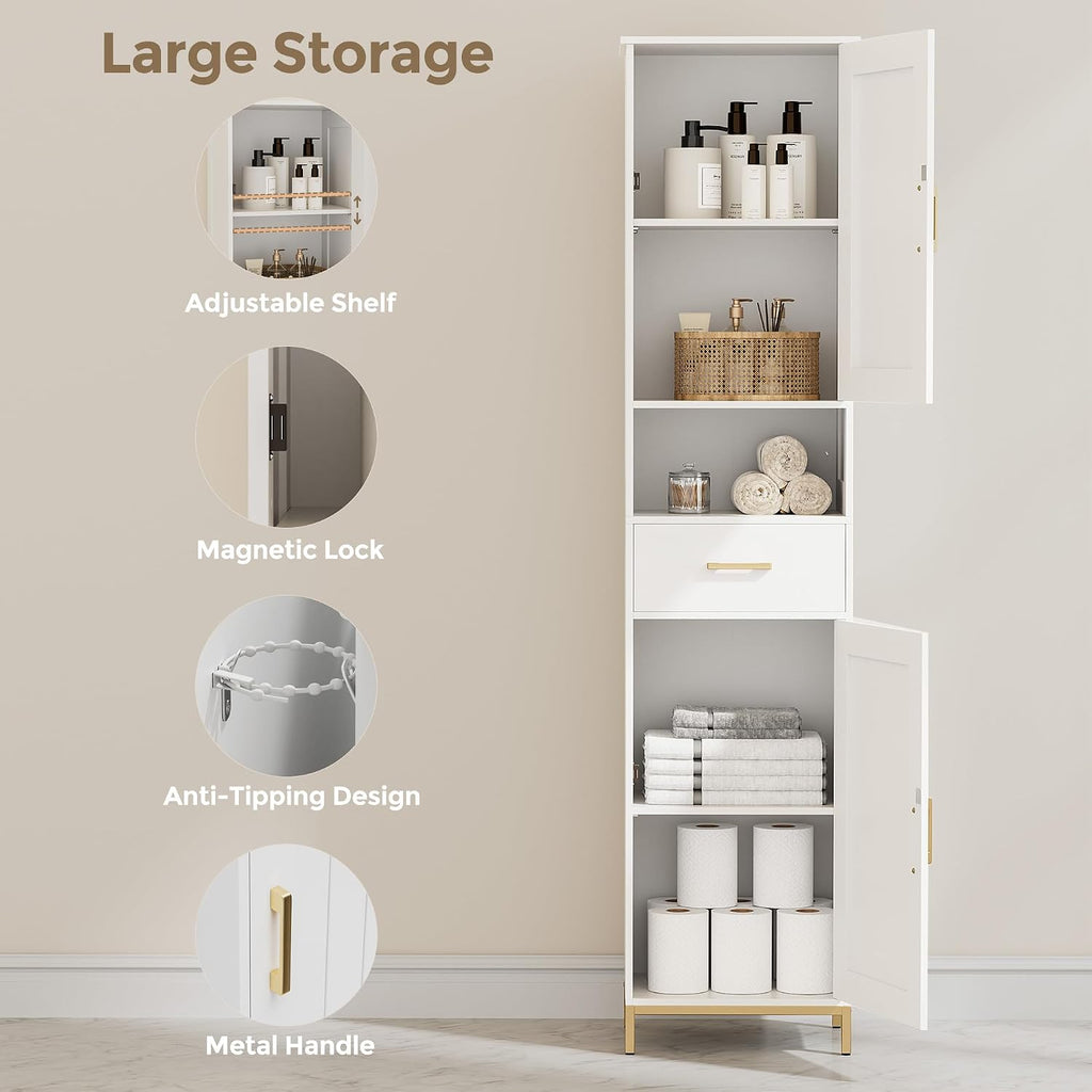 67" H Bathroom Storage Cabinet, Tall Bathroom Cabinet, White | Narrow Cabinet with Doors and Drawer, Adjustable