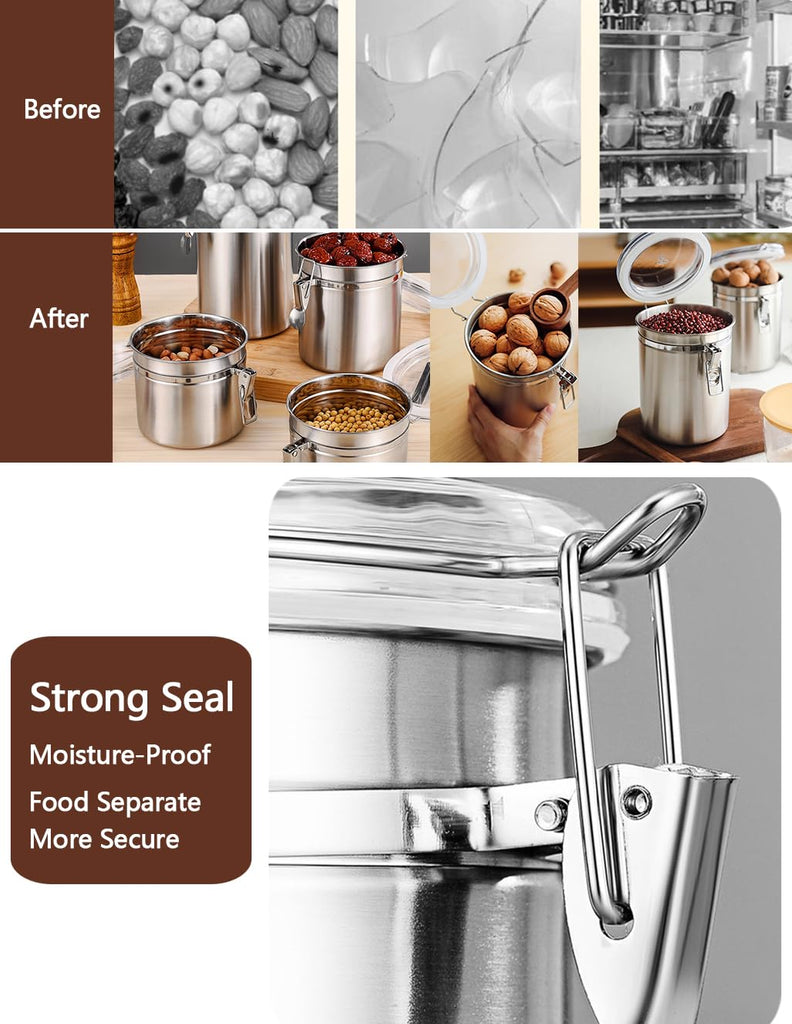 Coffee Canister 4 Pcs Stainless Steel Food Container with Clear Lids Airtight Container Stackable Canisters Kitchen