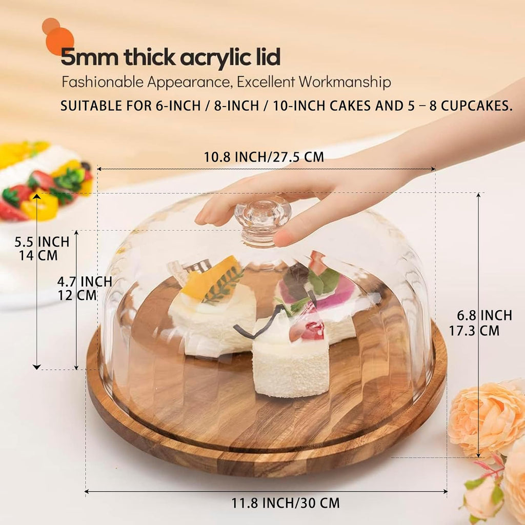 Cake Stand with Lid, 10.8'' Shatterproof Acrylic Dome (Not Glass), 11.8'' Rotating Acacia Wood Cake Display Stand