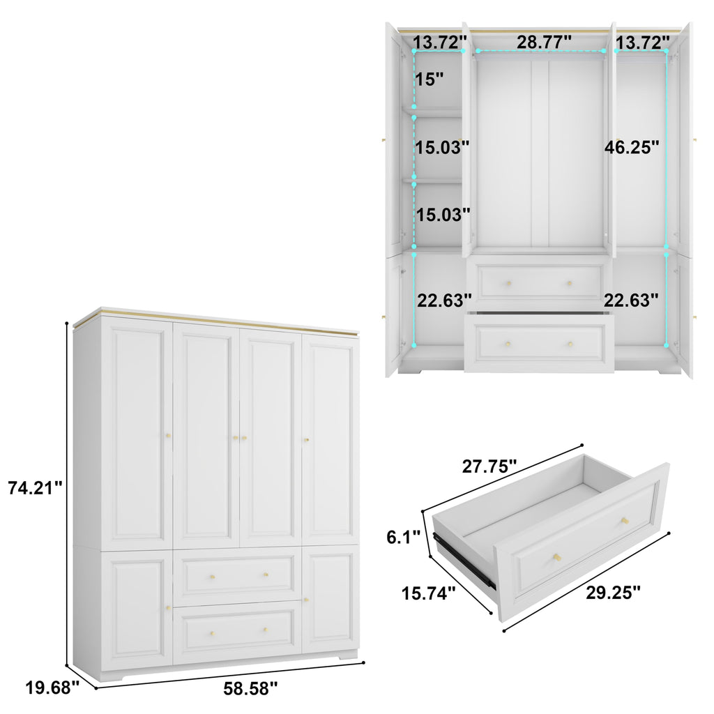 White Armoire Wardrobe Closet with 2 Drawers: 75" H x 59" W