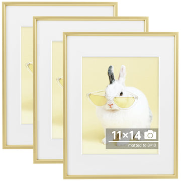 11 x 14 Gold Frame Set of 3-11x14 Aluminum Photo Frame with Mat for 8x10-11 by 14 Metal Picture Frame with Plexiglass