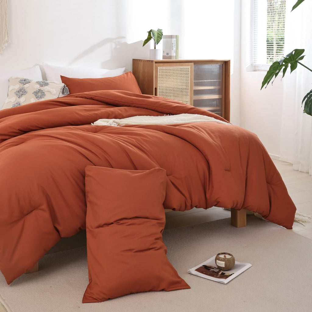 Queen Comforter Set Burnt Orange, 3pcs (1 Boho Terracotta Comforter & 2 Pillowcases), Lightweight Fall Bedding Rust