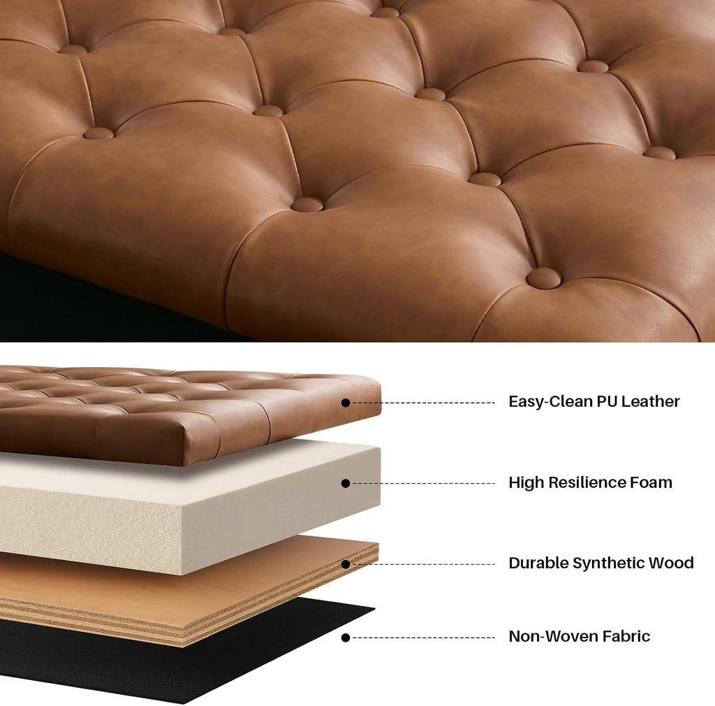 Square Ottoman Coffee Table, Large Leather Ottoman with Storage | Oversized Footstool, Wood Caster Wheels, Brass