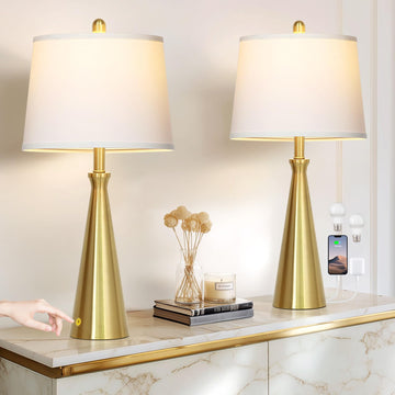 28" Modern Gold Touch Table Lamp Set of 2, Gold Bedside Lamps with USB A+C Ports - Gold Metal Table Lamp Set for