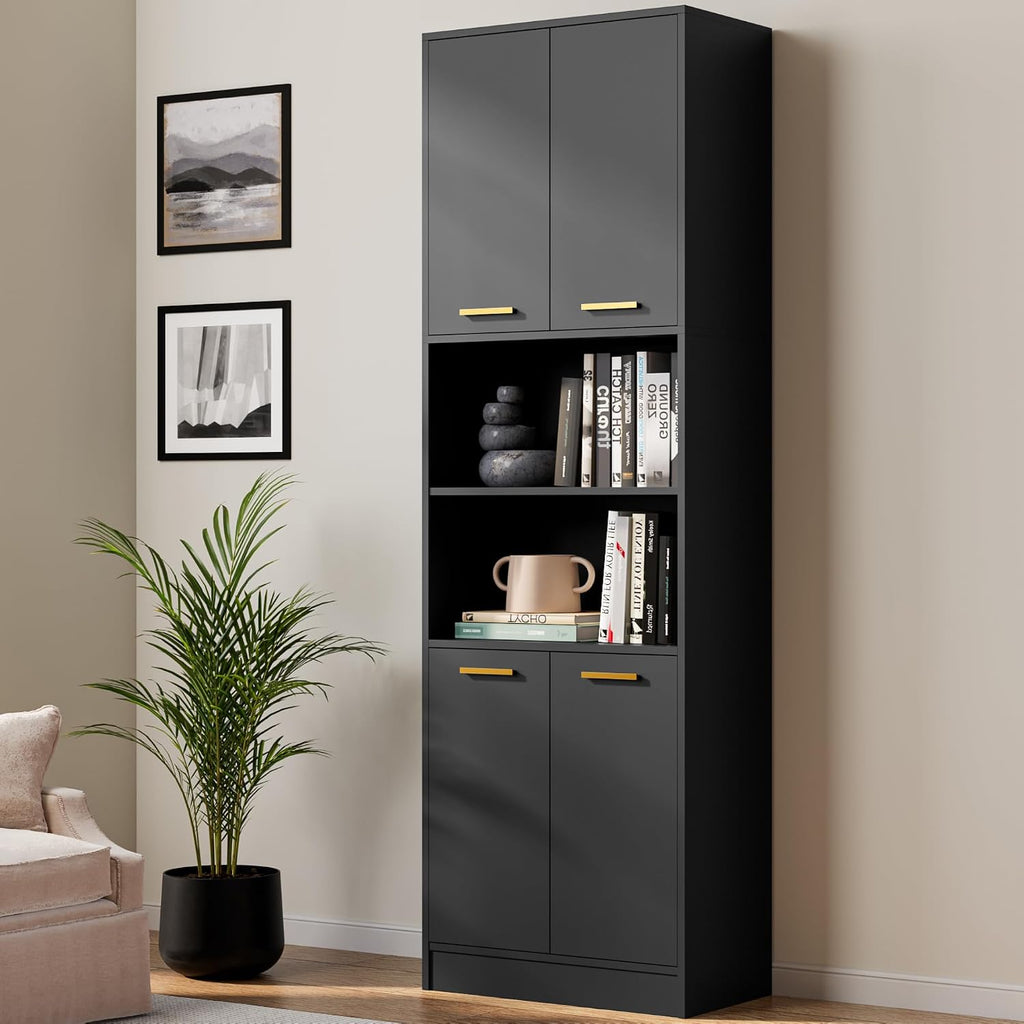 Kitchen Pantry Cabinet, 75" Tall Wood Storage Cabinet with Doors and Shelves, 4 Doors Open Countertop Utility Hutch