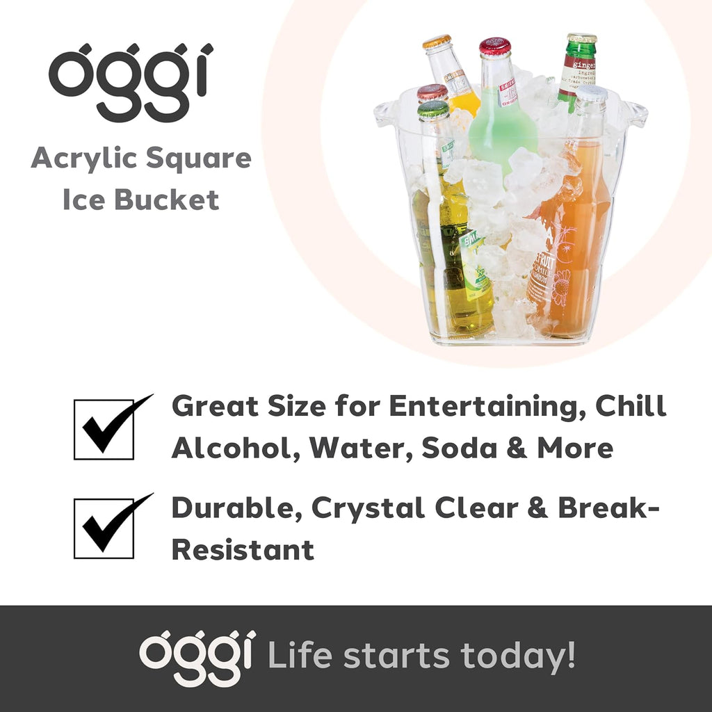 Acrylic Square Ice Bucket - Clear Beverage Cooler w/Handles, Wine Cooler, Beer Chiller, Ideal Drink Buckets