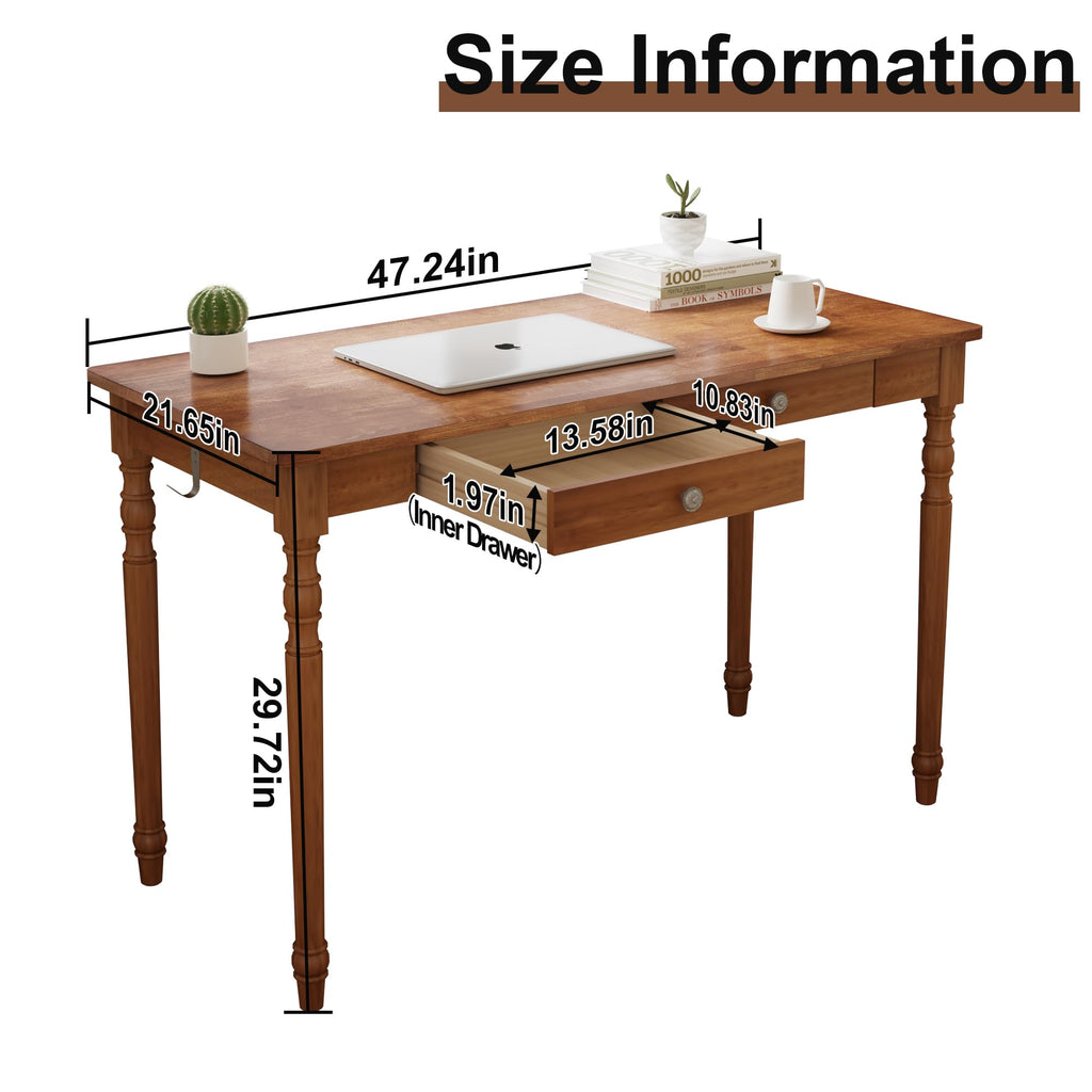 100% Solid Wooden Desk with Drawers - 47.2" Mid Century Modern Desk with 2 Hooks, Vintage Writing Desk with Drawers