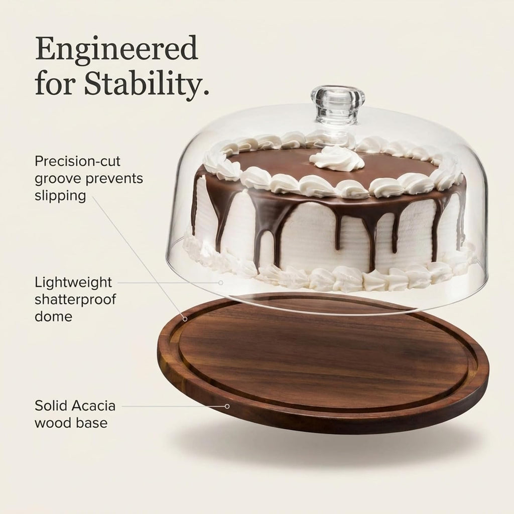 Cake Stand, Cake Plate Server Platter with Dome, Acacia Wood and Shaterproof Acrylic Lid