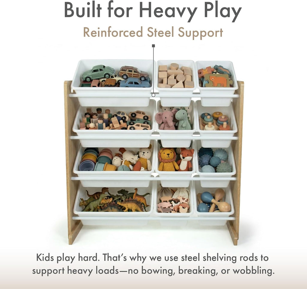 Kids Toy Organizer with 12 Bins, 4 Tier Storage | Sturdy wood and steel toddler shelf, removable BPA-free containers