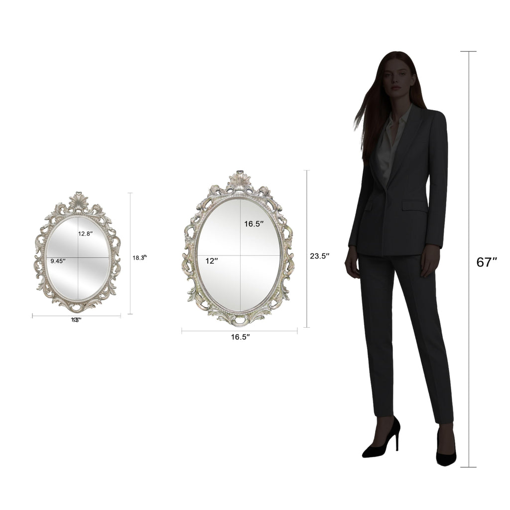 Antique Silver Oval Wall Mirror, Gothic Scroll, 18 × 24 in