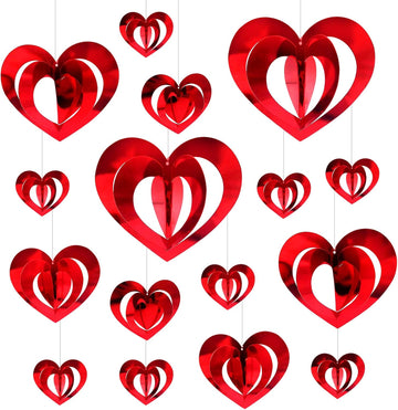 Valentine's Day Heart Hanging Foil Decorations, Swirl Red Hearts Ornaments, 3D Heart Garland Ornaments - Set of 32