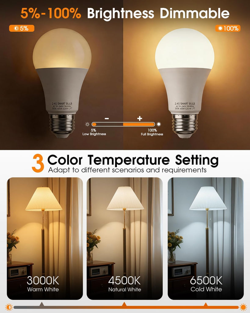 A19 Smart LED Light Bulb with App Control & Remote, Bluetooth, 3 Color Temperatures (3000K/4500K/6500K), 5%-100%