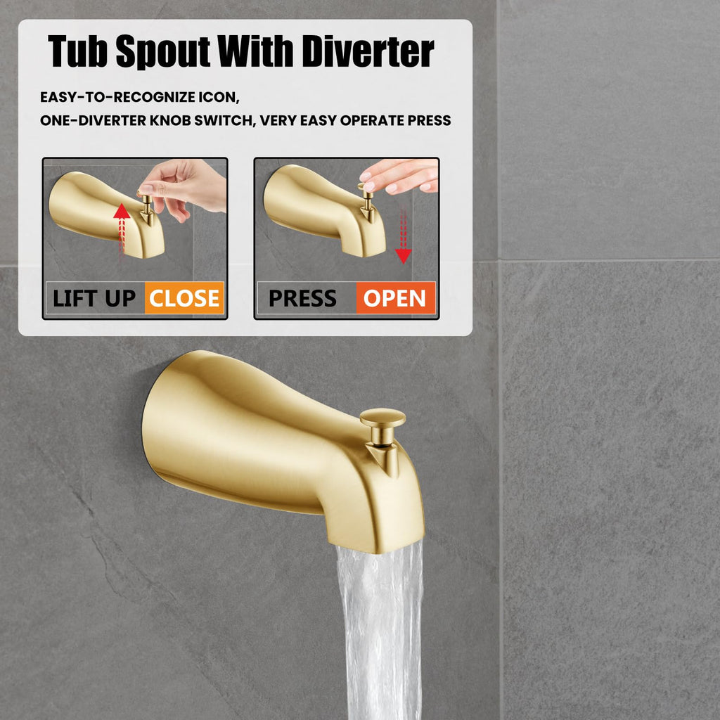 6 Inch Shower Faucet Set with Tub Spout and Valve, Brushed Gold