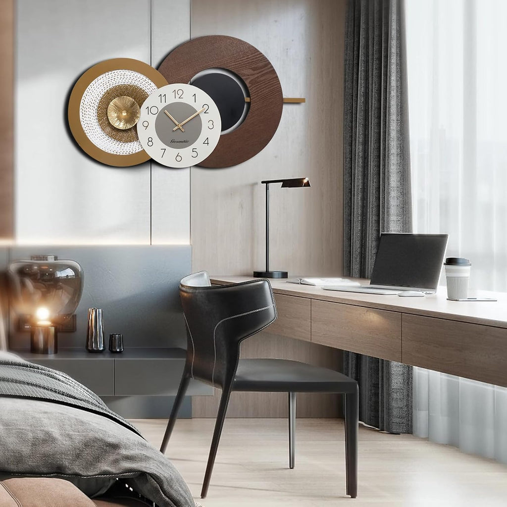 37.8x23 Inch Oversized Mid-Century Modern Wall Clock, Wood & Metal Frame, Silent Non-Ticking, Antique Brown & Gold