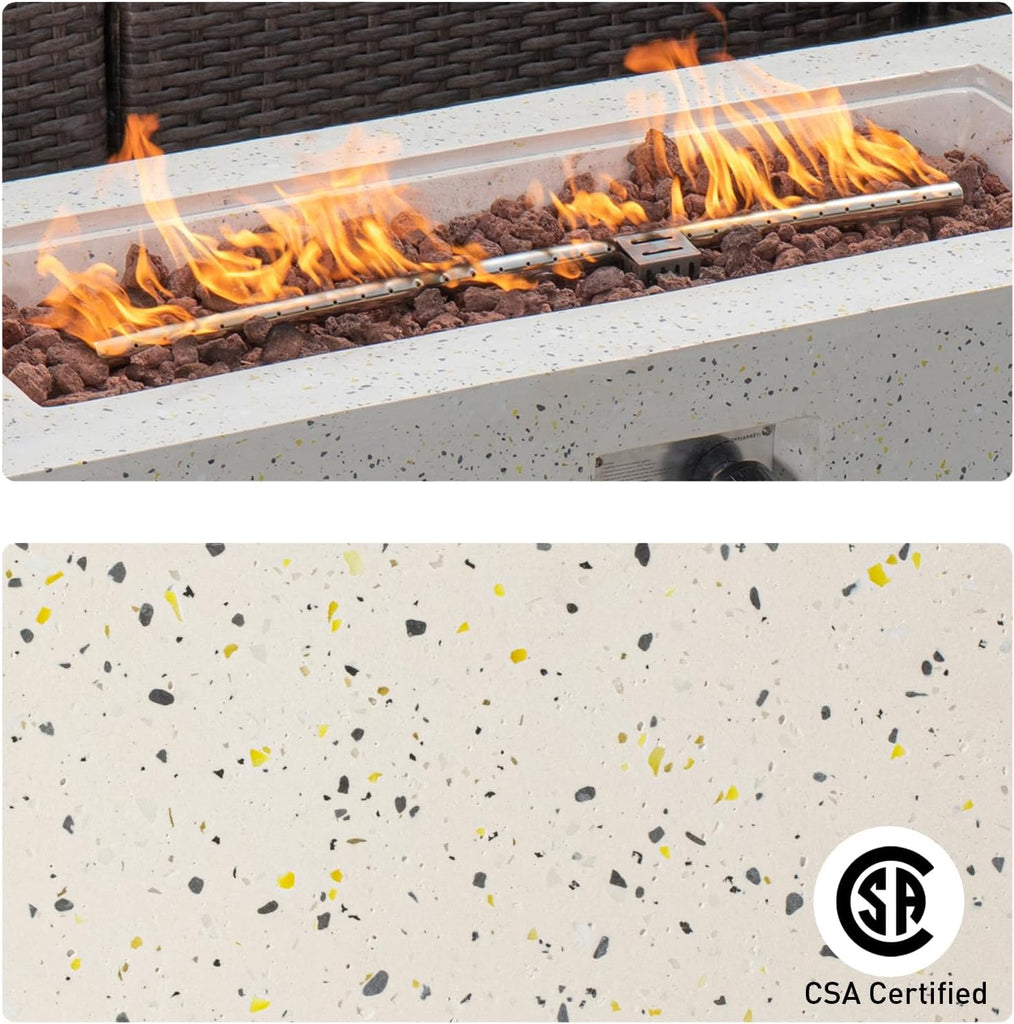 Outdoor Propane Fire Pit Coffee Table, 42-inch x 13-inch Terrazzo Rectangle Base Patio Heater w Certified, 50,000 BTU