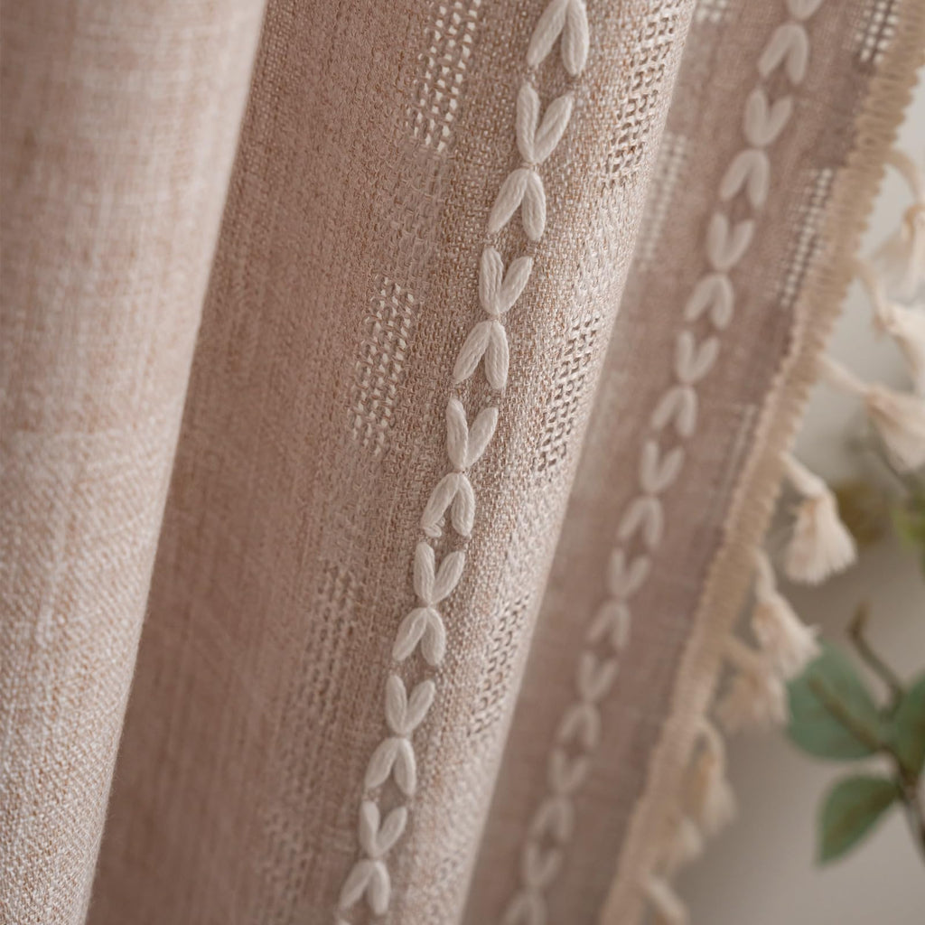 Boho Curtain 84 inches Long Bedroom Nursery, Retro Bohemian Coffee Linen Sheer 84 inches Length Tassel Stripe