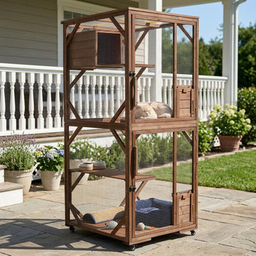2-Tier Outdoor Cat Cage, Lockable Wheels & 3 Lockable Doors