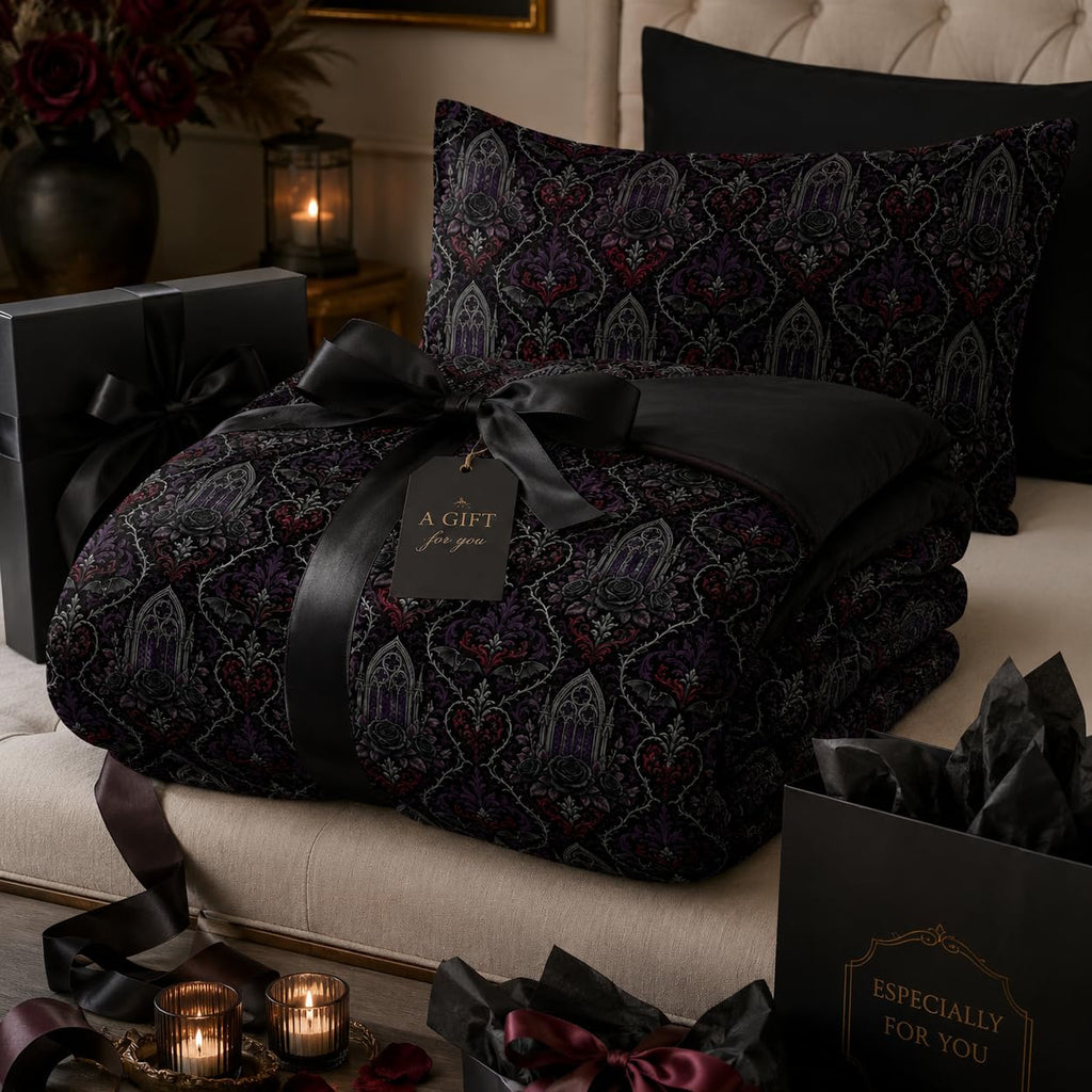 Victorian Gothic Comforter Set King, Black Rose Bedding