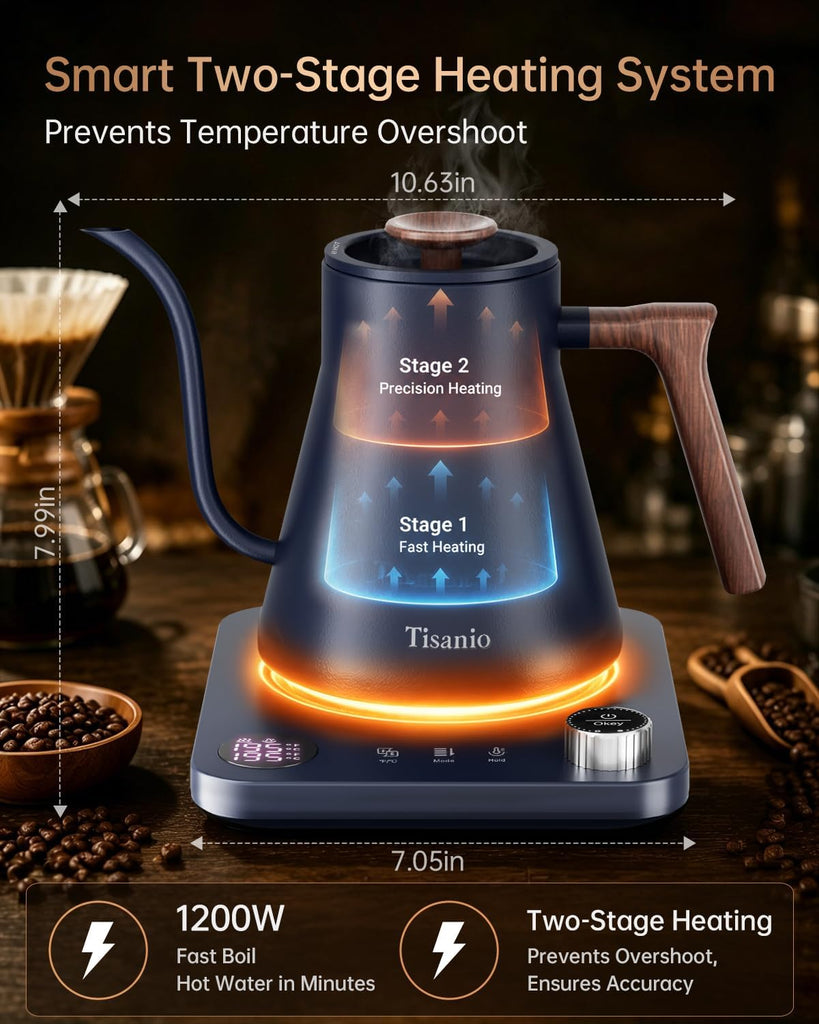 Gooseneck Electric Kettle with Temperature Control, 0.9L, Blue Wood | ±1°F Precision Pour Over Kettle, LCD Dual