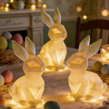 Easter Bunny Decorations, Ceramic White Rabbit Statues Ornaments, Lighted Bunny Table Centerpiece for Easter - Set of 3