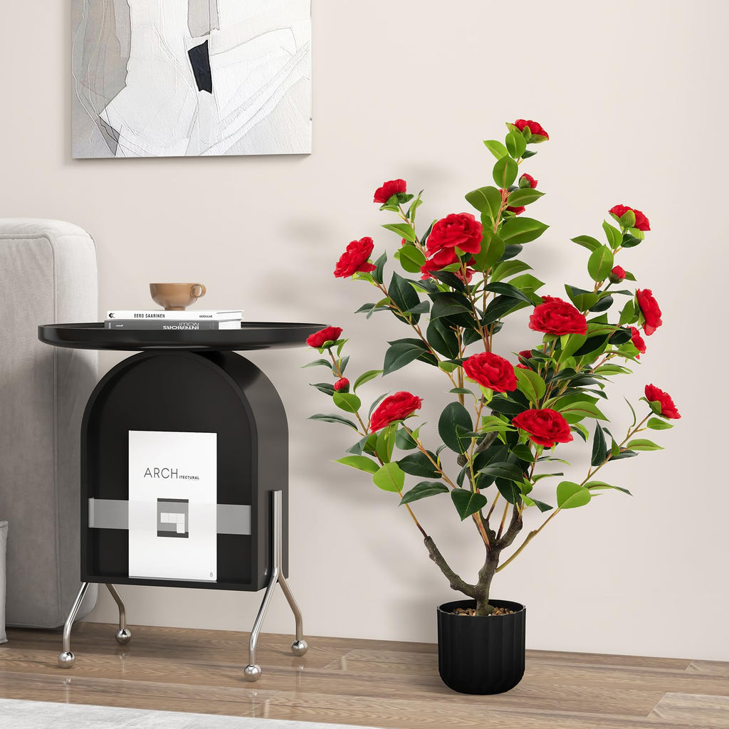 Artificial Camellia Tree Set of 2, 38" Tall Potted Plants Artificial Decoration w/Cement Pot, 24 Flowers, Decorative