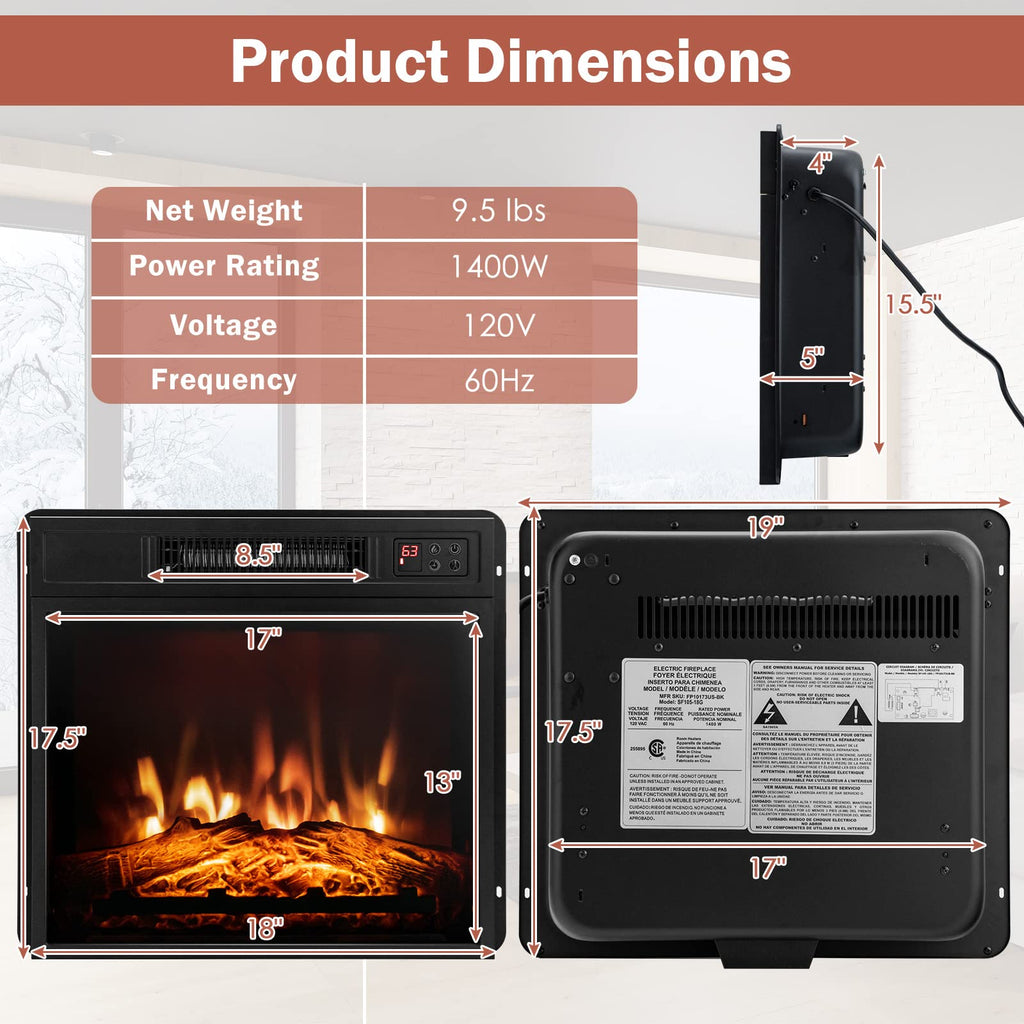 18" Electric Fireplace Insert, Recessed Heater w/Remote