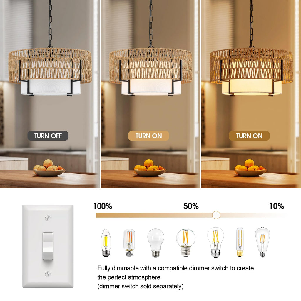 19.8'' Boho Rattan Chandelier 4-Light Rustic Farmhouse Pendant Light Fixture with Fabric Lampshade Drum Chandelier