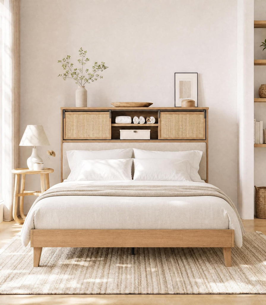 King Size Solid Wood Bed Frame with Bookcase Headboard, Platform Bed