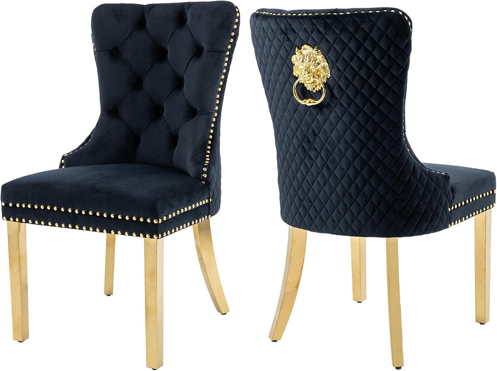 Velvet Dining Chairs Set of 2, Nikki Collection Dining Room Chairs with Gold Metal Legs and Lion Head Pull Ring