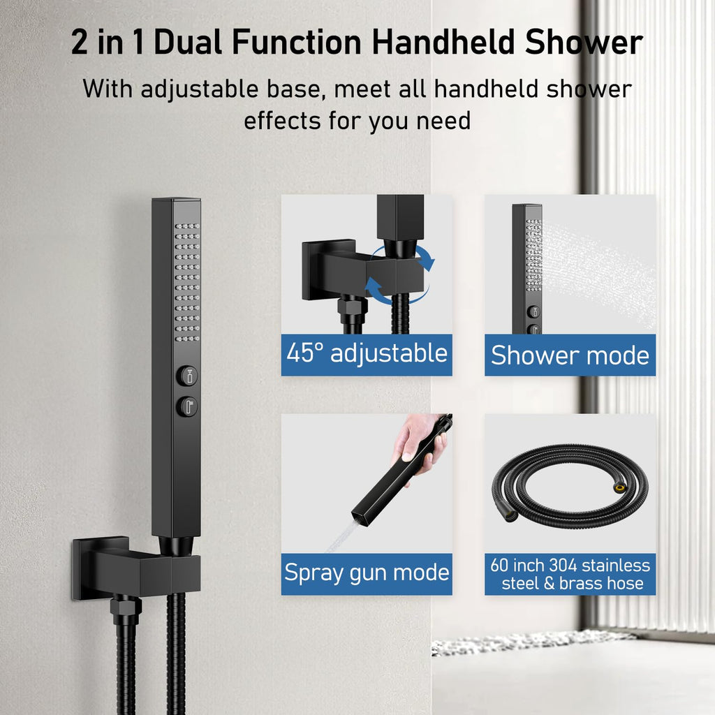 Thermostatic Shower System Matte Black, Shower Faucets Sets 12+ 6" Wall Mount Rain Shower and 2 in 1 Handhled, Can