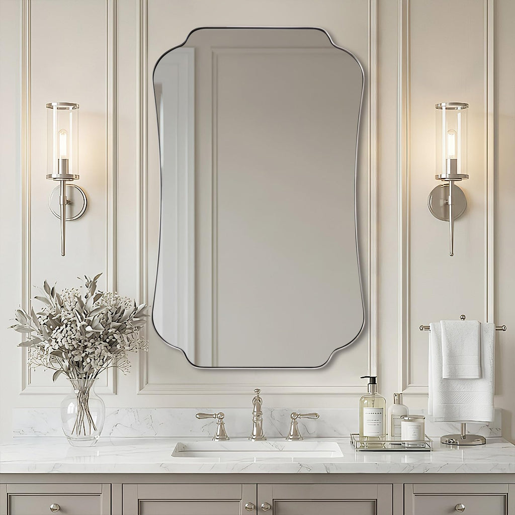30x48 Brushed Nickel Mirror, Large Silver Scalloped Bathroom Wall Mirror with Metal Frame for Vanity, Vintage