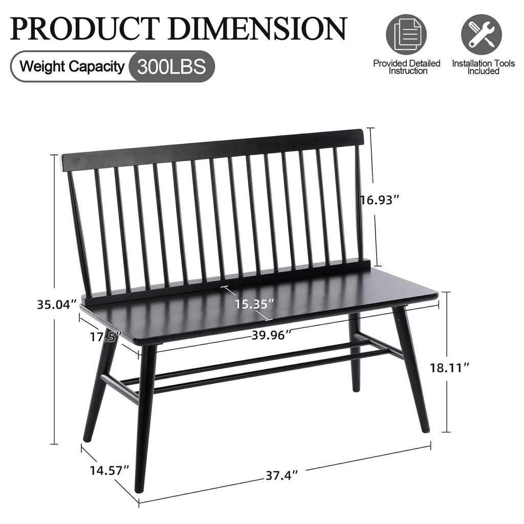 Entryway Bench, Black Dining Bench with Spindle Back