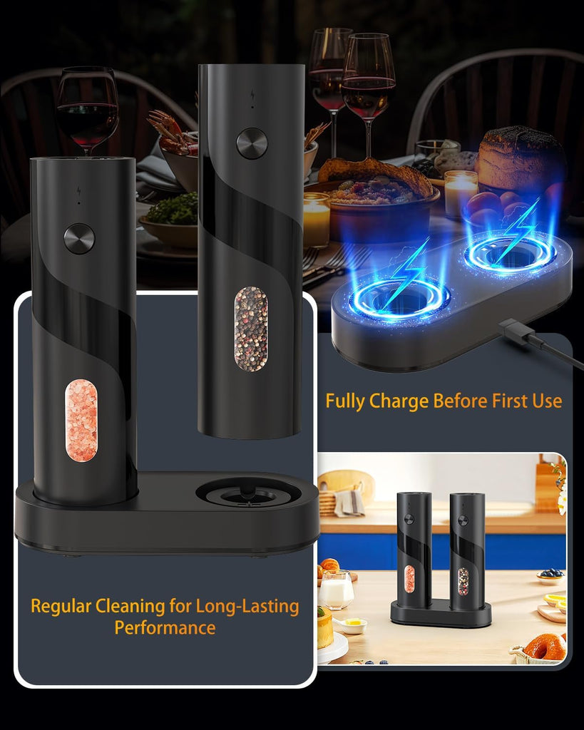 Electric Rechargeable Salt and Pepper Grinder Set Top-Refill Automatic Pepper Mill Grinder with Charging Base