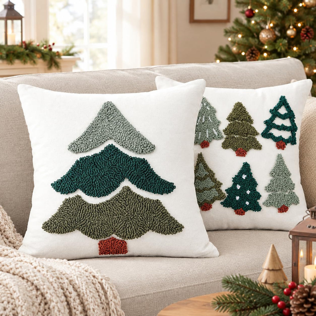 Christmas Tree Pillow Covers 18x18 Inch, Tufted Embroidery, 2 Pack