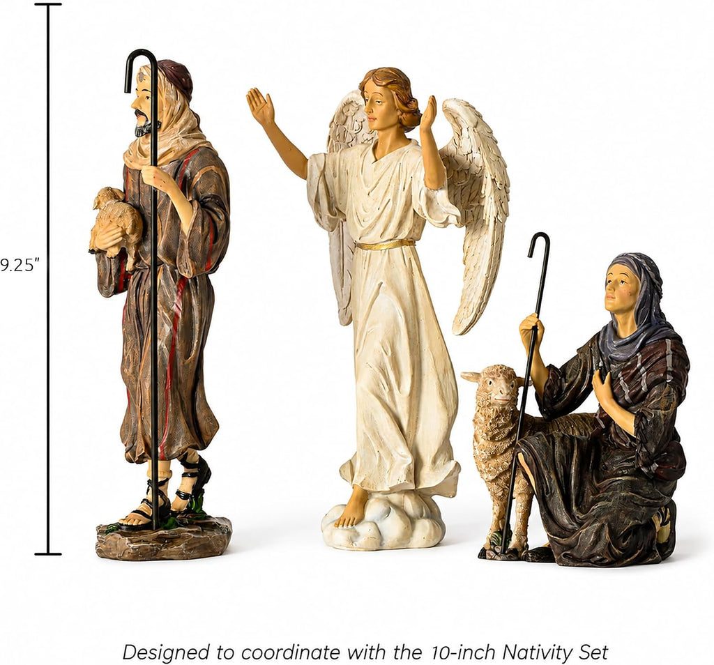 Kings Gifts Shepherds and Angel Nativity Add-On Set, 3-Piece Polystone Christmas Figures with Sheep Lamb, Flat Bottom