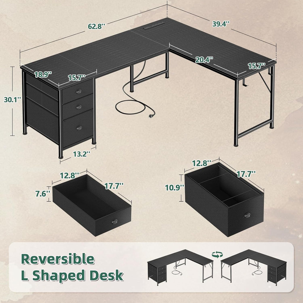 63" L Shaped Desk with Power Outlets & USB-C Port, Reversible Corner Computer Desk with 3 Fabric Drawers, Hooks, Home