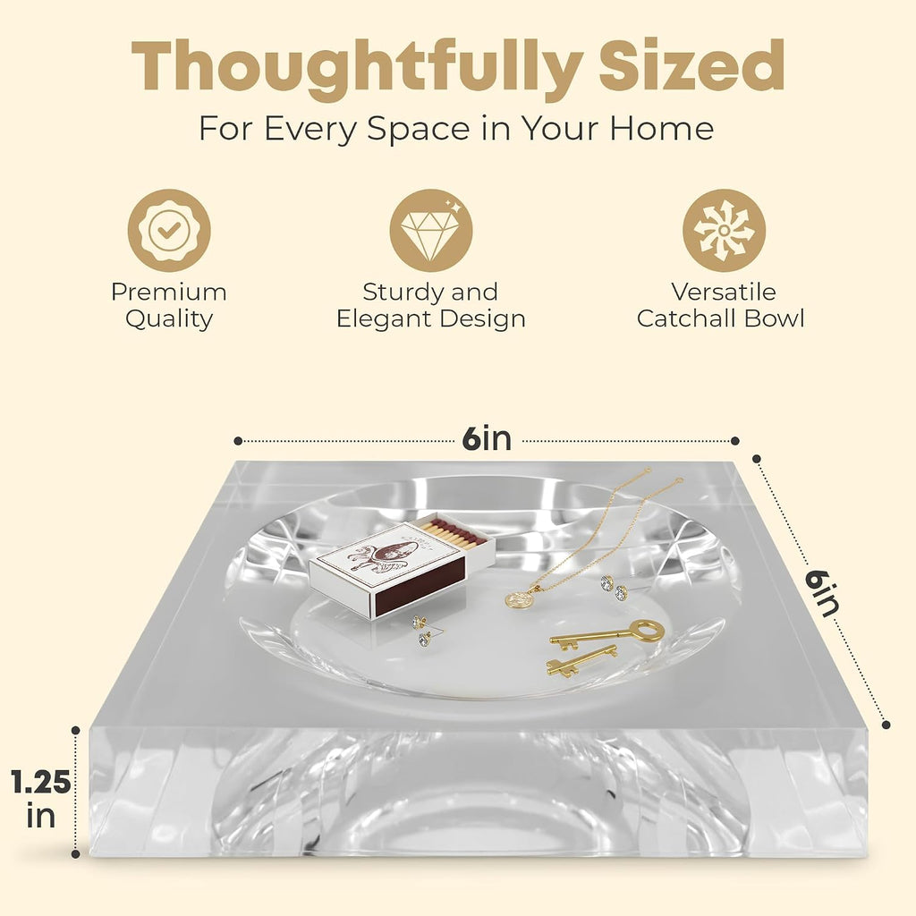 Clear Acrylic Catchall Tray - Decorative Jewelry Dish & Vanity Organizer for Keys, Rings, Earrings | Modern
