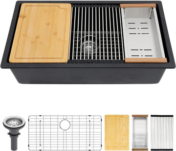 Black Granite Composite Undermount Kitchen Sink Workstation - 30 Inch Matte Black Quartz Undermount Single Bowl