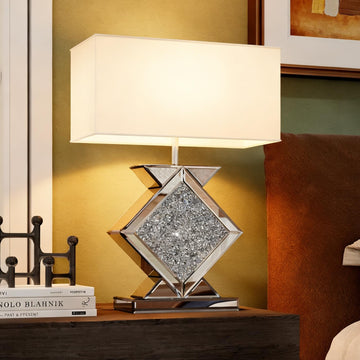 Crystal Crushed Diamond Mirrored Table Lamp, 23.6" Silver Glass Rectangular Bedside Lamp with Linen Shade, 3-Way