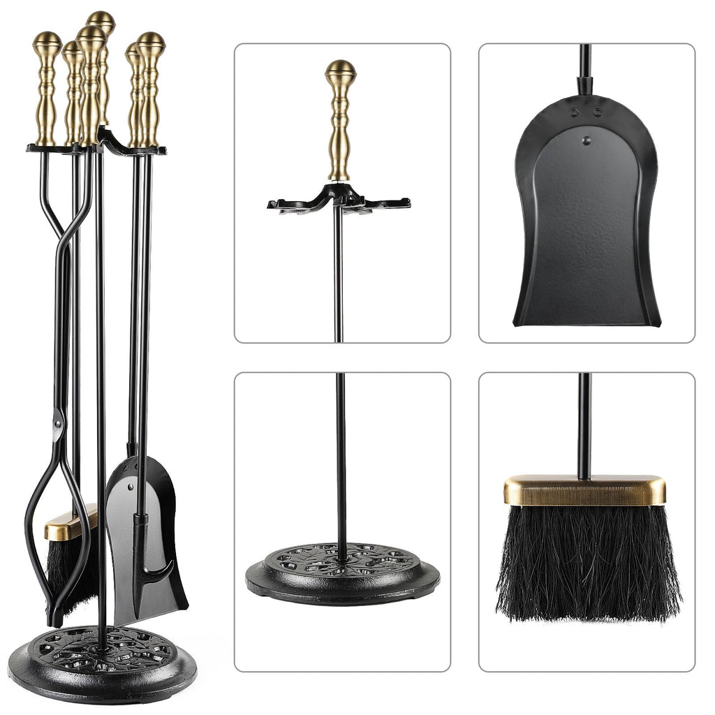 5 Pieces Fireplace Tools Sets Wrought Iron Firewood Kit with Handle Durable Tool Set and Holder for Fire Pit Stand